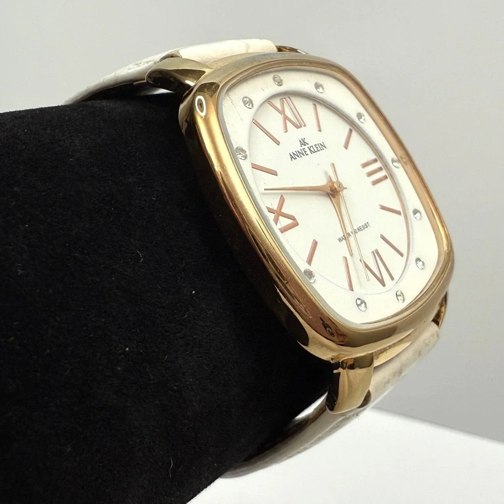 Anne Klein Quartz Watch Gold Tone White Dial Faux Croc Band Rhinestone Accents